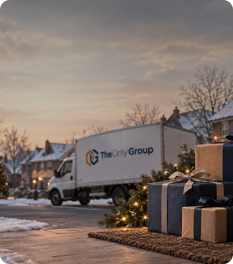 The Only Group van on a snowy street with Christmas presents and a lit tree